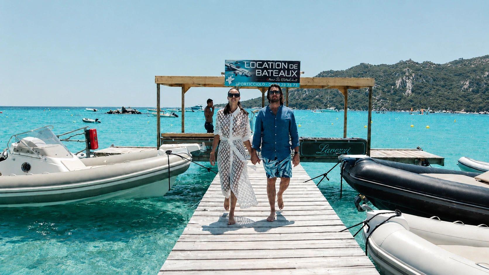 Couple profitant d'une location de bateau à Santa Giulia en Corse