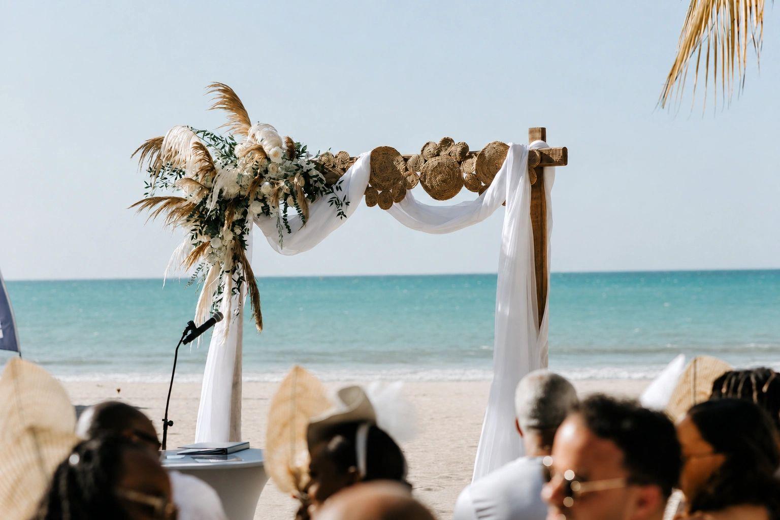Mariage et événements privés à Santa Giulia sur la plage avec arche décorée face à la mer